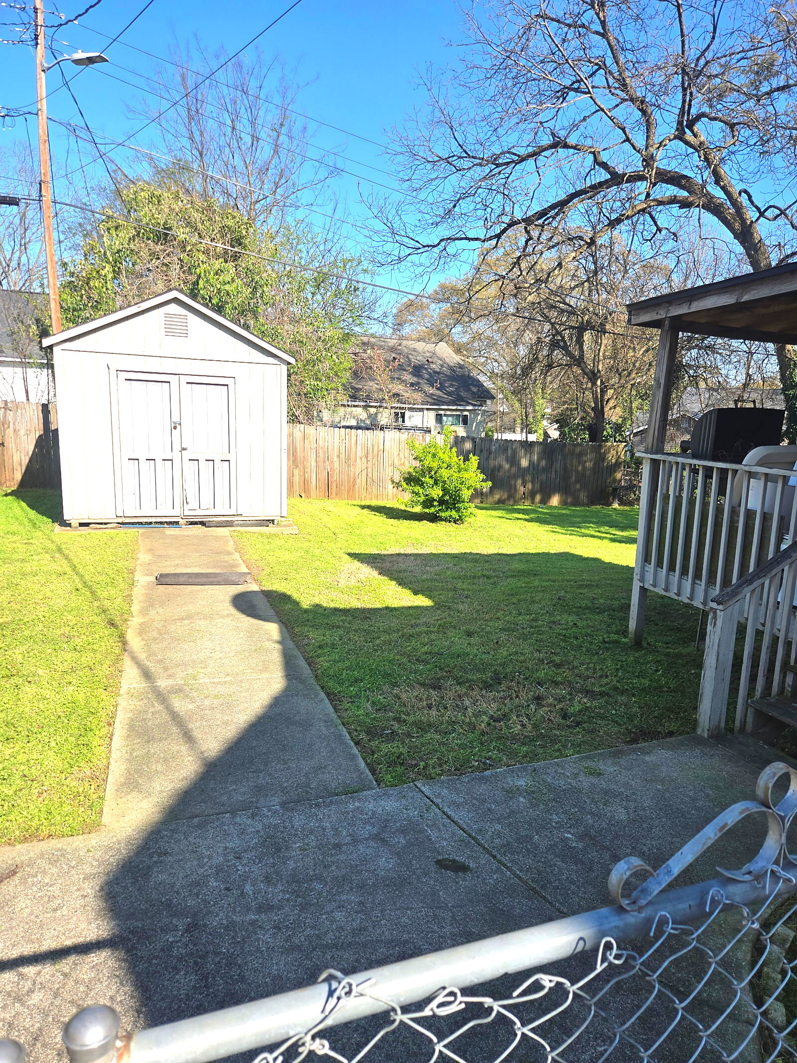Freshly mowed backyard with shed