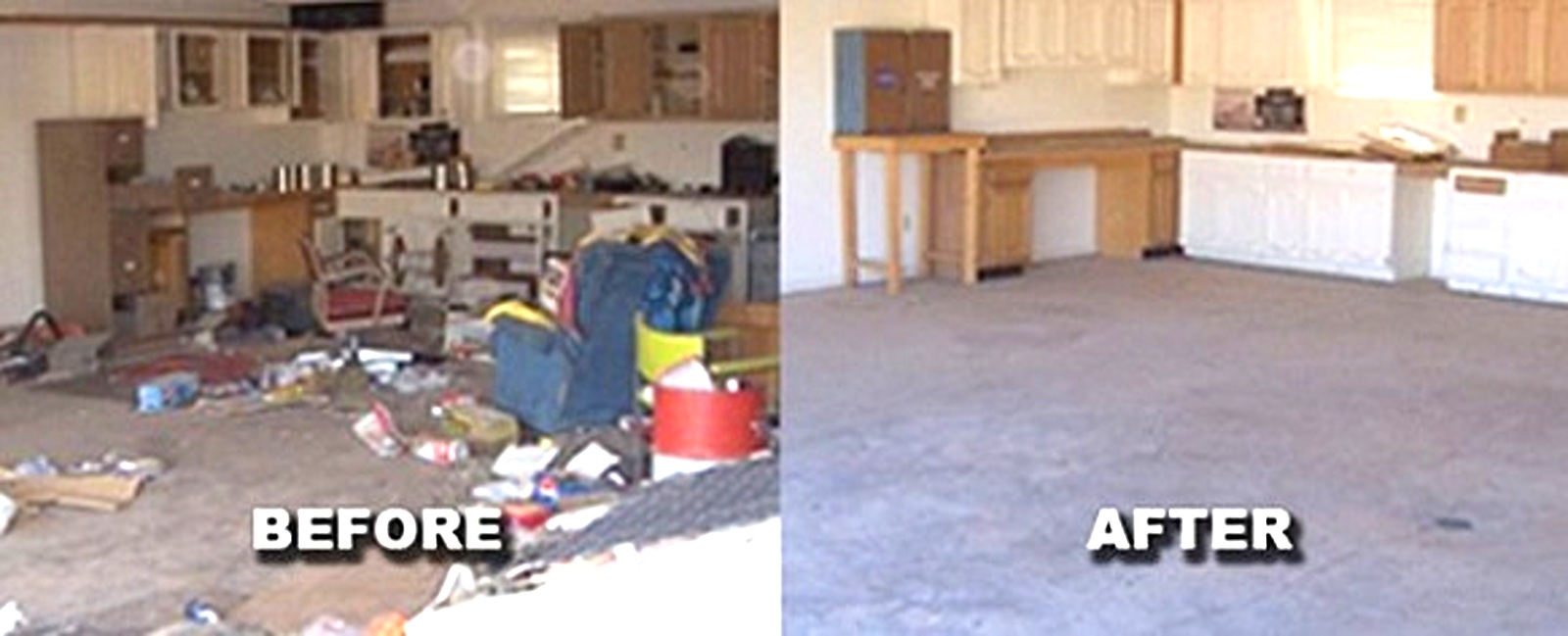 Full garage cleanout — before clutter and after empty floor