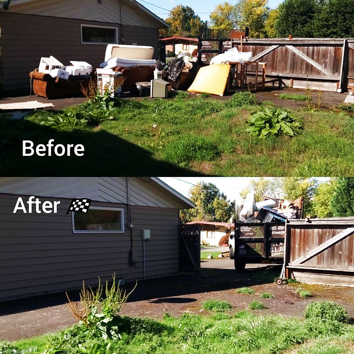 LawnSkapers junk removal — before pile and after-clear with dump trailer on-site