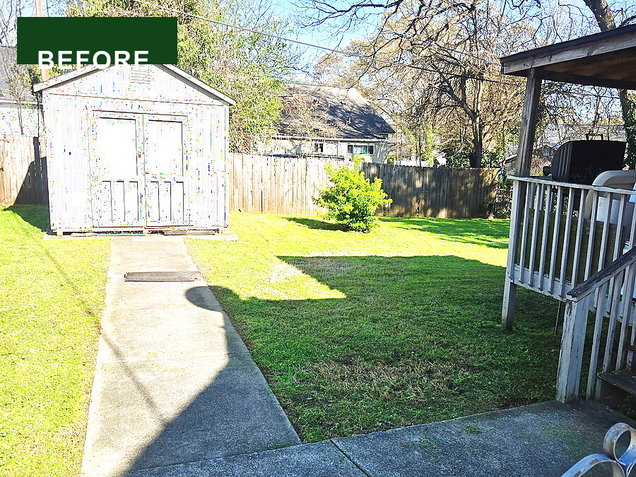 Backyard with debris and cluttered shed area before cleanup