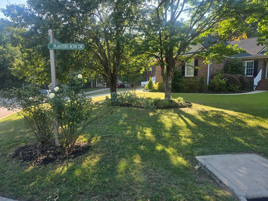Row of planters and landscaping along a corner property
